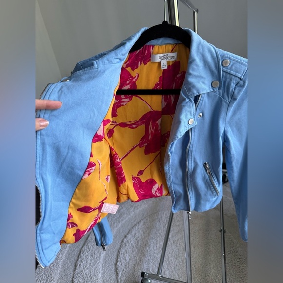 Color Me Courtney Dennis Blue Canvas Crop Biker Moto Jacket Size 2 - Picture 7 of 13